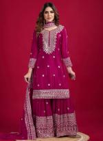 Chinnon Silk Hot Pink Ceremonial Wear Sequins Work Readymade Sharara Suit